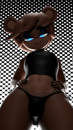 anthro black_clothing black_eyeshadow black_nails black_panties black_shirt black_topwear black_underwear blue_eyes brown_body brown_hair bulge clothing colored_nails crop_top dotted_background eyeshadow femboy freckled_face freckles hair half-closed_eyes hands_on_hips looking_at_viewer looking_down looking_down_at_viewer low-angle_view makeup male midriff nails narrowed_eyes panties pattern_background shirt simple_background solo topwear underwear type_09 cryptiacurves_(modeler) zanicart_(modeler) five_nights_at_freddy's fredina's_nightclub scottgames freddy_(fnaf) frenni_(cryptiacurves) bear mammal 3d_(artwork) 9:16 digital_media_(artwork) hi_res watermark