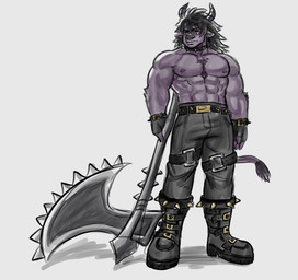 anthro axe belt boots clothing dark_clothing fingerless_gloves footwear fur gem gloves handwear horn male muscular muscular_male nipples purple_body purple_fur shoes solo spikes dynogreeno bovid bovine cattle mammal hi_res