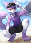 anthro beach black_bottomwear black_clothing black_shorts blep bottomwear claws clothing cloud crouching finger_claws fur inner_ear_fluff male multicolored_body multicolored_fur purple_clothing purple_shirt purple_tank_top purple_topwear seaside shirt shorts sky solo tank_top toe_claws tongue tongue_out topwear tuft visor yellow_eyes ivan-jhang canid canine cephalopod coleoid fox mammal marine mollusk octopodiform octopus 2023 absurd_res hi_res