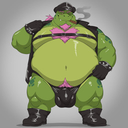 anthro belly body_hair boots bracelet bulge chest_hair cigar clothing detailed_bulge footwear genital_outline gloves green_body hair handwear harness hat headgear headwear jewelry leather leather_clothing leather_daddy leather_harness male mature_male navel overweight overweight_male penis_outline pink_hair shoes smoking solo spiked_bracelet spikes thong underwear bobbellyboy deltarune undertale_(series) gerson_boom_(deltarune) reptile scalie turtle 1:1 hi_res