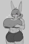 abs accessory anthro biceps big_breasts big_bulge biped black_bottomwear black_clothing black_shorts bodily_fluids bottomwear breasts breath bulge bunybunyboi clothed clothed_anthro clothed_gynomorph clothed_intersex clothing clothing_lift detailed_bulge fingers front_view fur genital_outline grey_background gynomorph hair hair_accessory hair_over_eye hair_tie hi_res hotpants huge_breasts humanoid_hands intersex lagomorph leporid long_ears looking_at_viewer male_(lore) mammal midriff monotone_body monotone_fur monotone_hair muscular muscular_anthro muscular_gynomorph muscular_intersex navel one_eye_obstructed open_mouth penis_outline ponytail portrait purple_eyes rabbit shannon_(bunybunyboi) shirt shirt_lift short_tail shorts simple_background solo spot_color standing sweat tail text text_on_bottomwear text_on_clothing text_on_hotpants text_on_shorts thick_thighs three-quarter_portrait topwear
