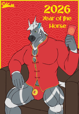 anthro blue_eyes bulge cleavage_cutout clothed clothing cutout hair holidays male muscular muscular_anthro muscular_male pantsless red_envelope shirt siting_up solo text topwear underwear yellow_sclera senkey new_year new_year_2026 nintendo pokemon equid equine generation_5_pokemon mammal pokemon_(species) zebstrika 2026 english_text hi_res