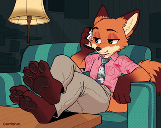 4_fingers 4_toes anthro black_eyebrows bottomwear brown_body brown_fur brown_nose brown_pawpads cellphone cheek_tuft closed_smile clothed clothing collared_shirt crossed_legs curtains dipstick_ears dipstick_tail ear_markings electronics eyebrows facial_tuft feet fingers fluffy fluffy_tail foot_focus fur furniture green_eyes holding_cellphone holding_object holding_phone inside lamp light male markings mouth_closed multicolored_ears narrowed_eyes necktie on_sofa orange_body orange_fur pants pattern_clothing pattern_necktie pattern_shirt pattern_topwear pawpads phone phone_call plantigrade poster shelf shirt sitting sitting_on_sofa smile sofa solo table tail tail_markings tan_body tan_bottomwear tan_clothing tan_fur tan_inner_ear tan_pants toes topwear tuft window wood wood_furniture wood_table jayrnski disney zootopia nick_wilde canid canine fox mammal red_fox true_fox 2025 hi_res lighting shaded signature