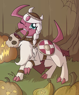 1_horn armor basket braided_hair braided_ponytail cape chest_tuft claws clothing container cosplay costume female feral feral_with_hair forehead_gem fur gem hair halloween_costume headgear helmet holidays horn jack-o'-lantern looking_at_viewer mouth_hold night one_eye_closed outside plant ponytail quadruped shield skull_accessory solo tree tuft white_body white_fur white_hair wink winking_at_viewer fuf dreamworks halloween how_to_train_your_dragon nintendo pokemon astrid_hofferson astrid_the_absol absol generation_3_pokemon pokemon_(species) 2018 hi_res