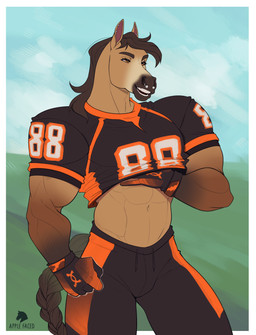 anthro barbell_piercing big_muscles black_bottomwear black_clothing black_pants black_topwear bottomwear brown_body brown_fur brown_hair circular_barbell_piercing clothed clothing clothing_lift ear_piercing ear_stud eyelashes facial_piercing front_view fur hair logo male male_anthro muscular muscular_anthro muscular_male nose_piercing open_mouth orange_bottomwear orange_clothing orange_eyes orange_pants orange_topwear pants piercing septum_circular_barbell septum_piercing shirt shirt_lift solo standing text topwear apple-faced equid equine horse mammal artist_logo artist_name hi_res portrait three-quarter_portrait