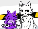 ambiguous_gender anthro barricade_tape black_inner_ear black_pawpads black_sclera caution_tape cheek_tuft chest_tuft duo facial_tuft fur hazard_stripes head_tuft male male/male multicolored_body multicolored_fur navel pawpads pink_body pink_fur purple_body purple_fur simple_background tentacles tuft white_background white_body white_eyes white_fur k0sm00s changed_(video_game) k0sm00s_(character) squid_dog_(changed) canid canine canis cephalopod coleoid decapodiform domestic_dog hybrid mammal marine mollusk