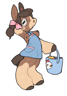 accessory anthro biped blue_clothing blue_dress bodily_fluids bow_ribbon breasts brown_body brown_fur brown_hair brown_nipples bucket buckteeth clothing container countershade_face countershade_fur countershading dress exposed_breasts female fur gloves_(marking) hair hair_accessory hair_bow hair_ribbon hair_tie hand_behind_head holding_object horizontal_pupils leg_markings markings medium_breasts nipples open_mouth pigtails pink_bow pokemorph pupils ribbons simple_background socks_(marking) solo standing sweat sweatdrop tail tan_body tan_fur teeth tied_hair wardrobe_malfunction white_background batruse nintendo pokemon fan_character josie_may_(batruse) equid equine generation_7_pokemon horse mammal mudbray pokemon_(species) 2019 hi_res trans_(lore) trans_woman_(lore)
