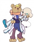 3_toes anthro barefoot beady_eyes blonde_hair boots bridal_carry carrying_another clothing coat duo eyewear feet footwear glasses gloves hair handwear lab_coat male male/male pendulum scarf shoes teal_eyes toes topwear white_clothing white_gloves white_handwear puyo_puyo puyo_puyo_tetris sega tetris ai_(puyo_puyo) risukuma canid canine canis domestic_dog hybrid mammal 4:5