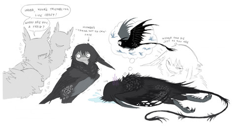 ambiguous_gender belly black_body black_feathers black_spots black_tail black_wings bodily_fluids crying embarrassed feathers feral flying folded_wings grey_belly grey_face grey_hair grey_scutes group hair looking_at_another lying markings mouth_closed neck_tuft on_front open_mouth open_smile sad scutes simple_background smile sobbing spots spotted_body spotted_feathers tail tear_puddle tears text tuft white_background wings jejejunum european_mythology greek_mythology mythology wither_(jejejunum) avian bird harpy mythological_avian mythological_creature nethermare 2025 digital_drawing_(artwork) digital_media_(artwork) english_text hi_res