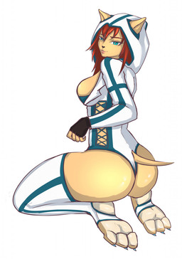 anthro biped breasts butt claws cleavage clothed clothing feet female fur furgonomics green_eyes hair kneeling lips looking_at_viewer looking_back looking_back_at_viewer pink_lips rear_view red_hair simple_background solo tail tan_body tan_fur toe_claws unsigned white_background v3nusbby felid mammal 2021 digital_media_(artwork) hi_res shaded