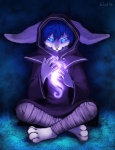 anthro barefoot biped blue_eyes blue_hair clothed clothing crossed_legs ears_down feet fingers front_view fully_clothed fur glowing glowing_eyes hair hood humanoid_hands magic magic_user male pivoted_ears purple_clothing purple_robe robe sitting solo spell text toes white_body white_fur wraps falvie lagomorph leporid mammal rabbit 2012 artist_name digital_media_(artwork) digital_painting_(artwork) painting_(artwork)