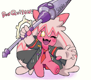 5_fingers accessory bottomless cheek_spots clothed clothing coat coat_only cosplay cross_pupils crossover_cosplay dipstick_ears ear_markings eyelashes featureless_feet feet female fingers hair lance melee_weapon multicolored_ears multicolored_hair necktie one_eye_closed open_mouth open_smile pin_accessory pink_body pink_hair polearm pupils red_necktie short simple_background smile smiling_at_viewer solo text topwear topwear_only unusual_pupils weapon white_background white_hair yellow_eyes melfunnysmell limbus_company nintendo pokemon project_moon don_quixote_(limbus_company) generation_9_pokemon humanoid pokemon_(species) tinkaton 2026 character_name crossover hi_res spanish_text translated