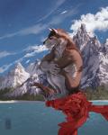 anthro armor blue_eyes detailed_background male mountain nude outside scar scenery solo water kaylinmangorian mythology rakan canid canine canis mammal mythological_canine mythological_creature werecanid werecanine werecreature werewolf wolf 2018 4:5 digital_media_(artwork) hi_res