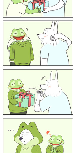 anthro biped black_nose blush bottomwear clothing duo eyes_closed frog_suit green_body heart_symbol humanoid_hands kemono pants shirt text topwear white_body panda_po amphibian canid canine canis domestic_dog frog mammal 2023 comic hi_res japanese_text