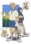 5_fingers anthro ball biped bottomwear clothed clothing duo eyebrows fingers floppy_ears footwear fur hoodie kemono male one_eye_closed open_mouth open_smile shirt shoes shorts smile socks tail tennis_ball tennis_racket text topwear milkybot hope_(milkybot) will_(milkybot) canid canine canis domestic_dog mammal english_text hi_res