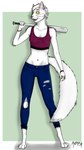 athletic_wear baseball_bat bat_(object) bra bracelet breasts clothing female fluffy jewelry long_legs ring slim small_breasts small_waist solo sports_bra torn_clothing underwear weapon ramish katya domestic_cat felid feline felis mammal hi_res