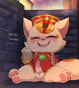 3_toes 4_fingers anthro anus asian_clothing balls blush blush_lines bodily_fluids bottomless bottomless_anthro bottomless_male chinese_clothing clothed clothing coin cute_fangs dialogue dripping east_asian_clothing erection eyes_closed fangs feet fingers fluffy fluffy_tail fur genital_fluids genitals gold_(metal) gold_coin hat headgear headwear jacket male partially_clothed pawpads penis perineum pink_inner_ear precum precum_drip precum_on_penis raised_hand smile solo spread_legs spreading tail tan_body tan_fur teeth text toes topwear whiskers young smite_(artist) league_of_legends riot_games tencent firecracker_teemo teemo_(lol) felid mammal yordle absurd_res english_text hi_res adult_(lore)