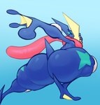 action_pose ambiguous_gender anthro big_butt biped butt long_tongue looking_back nude pose rear_view simple_background solo thick_thighs tongue tongue_out wide_hips starreuges nintendo pokemon amphibian generation_6_pokemon greninja mammal pokemon_(species) 2022 digital_media_(artwork) hi_res