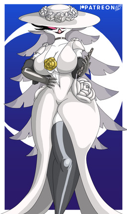 anthro big_breasts breasts cleavage clothed clothing cosplay crossover_cosplay curvy_figure dress eyelashes feathers female gloves handwear hat headgear headwear legwear pink_sclera solo stockings tight_clothing voluptuous white_body white_feathers wide_hips pizzaozzy bayonetta bayonetta_2 hellaverse helluva_boss platinumgames stella_(helluva_boss) avian bird demon crossover hi_res