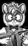 anthro bow_tie claws clothed clothing front_view frown fur gun hair holding_object holding_submachine_gun holding_weapon looking_at_viewer male mouth_closed ranged_weapon shirt solo submachine_gun topwear vest weapon wide_eyed nikraccoom lackadaisy calvin_mcmurray domestic_cat felid feline felis mammal 2023 hi_res monochrome portrait signature