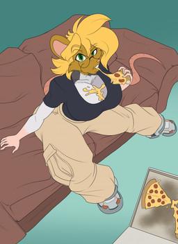 anthro big_breasts bottomwear box breasts cleavage clothed clothing collarbone container eating eyebrow_through_hair eyebrows eyewear female food food_on_breasts footwear furniture glasses green_eyes hair pants pizza pizza_box pizza_slice round_glasses shirt shoes sitting sofa solo topwear translucent translucent_hair toughset mammal murid murine rat rodent 2026 hi_res