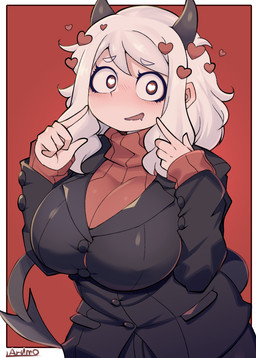 5_fingers big_breasts blush breasts clothing female fingers flustered hair heart_eyes heart_symbol horn jacket not_furry red_background red_eyes simple_background smile solo spade_tail tail topwear white_hair arumo helltaker modeus_(helltaker) demon demon_humanoid humanoid 2020 hi_res