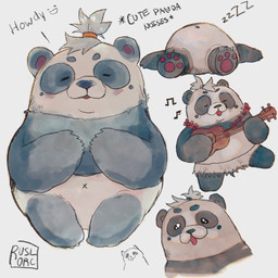 anthro belly black_body black_fur black_nose blush chibi eyes_closed fur lying musical_instrument navel overweight simple_background text white_body white_fur x_navel ruslorc bear giant_panda mammal 1:1 2020 english_text hi_res