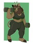 2_horns anthro belly biceps big_breasts big_bulge blue_eyes bottomwear bra breasts brown_body brown_fur brown_hair brown_nose bulge butt clothing dumbbell exercise fingers fur gynomorph hair holding_object hooves horn intersex legwear looking_at_viewer mane mane_hair midriff muscular muscular_anthro muscular_arms muscular_humanoid muscular_intersex muscular_legs muscular_thighs navel pants simple_background slightly_chubby slightly_chubby_anthro slightly_chubby_gynomorph slightly_chubby_intersex smile solo sports_bra sportswear standing tight_bottomwear tight_clothing tights underwear weightlifting weights workout yoga_pants charrynsfw european_mythology greek_mythology mythology urga_(a_small_tool) bovid bovine cattle highland_cattle humanoid mammal minotaur absurd_res colored digital_media_(artwork) hi_res shaded