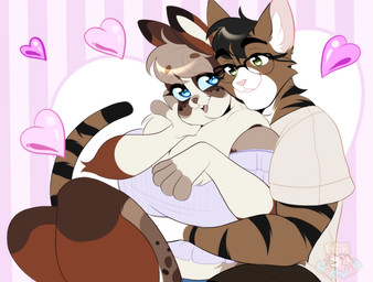 abstract_background anthro blue_eyes buckteeth clothed clothing duo eyewear female fluffy glasses green_eyes hair handpaw heart_symbol hug male male/female markings open_mouth open_smile paws smile tail teeth ferwanwan domestic_cat felid feline felis lagomorph leporid mammal rabbit tabby_cat 2023 character_request watermark