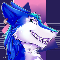 anthro blue_body blue_fur ear_piercing fur green_eyes looking_back male piercing smile solo synthwave teeth sage-tanuki aguarius mammal sergal 1:1 icon