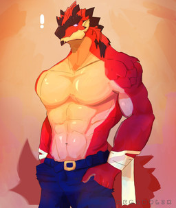 abs anthro barazoku belt bottomwear clothed clothing exclamation_point front_view hand_in_pocket logo looking_around male muscular muscular_anthro muscular_male navel pants pecs pockets red_body red_scales scales solo tan_body topless topless_anthro topless_male wraps wrist_wraps megadolix capcom monster_hunter flying_wyvern rath_wyvern rathalos artist_logo digital_media_(artwork) hi_res portrait three-quarter_portrait