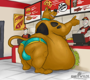 anthro belly belly_on_ground big_belly big_butt black_spots blush brown_body brown_fur bulge butt clothing collar counter dialogue fast_food food fur group huge_belly huge_butt male markings menu_board morbidly_obese morbidly_obese_male obese obese_male onomatopoeia ordering_food overweight overweight_male plantigrade rumbling_stomach sound_effects speech_bubble spots spotted_body spotted_fur text thick_thighs trio underwear uniform whisker_spots husky2paws hanna-barbera scooby-doo_(series) scooby-doo canid canine canis domestic_dog great_dane human mammal mastiff molosser 2026 hi_res signature
