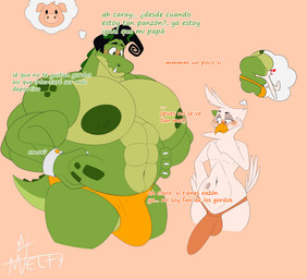 abs anthro blush bulge clothing dialogue duo feathers femboy green_body green_scales male male/male muscular muscular_anthro muscular_male pec_smothering pecs pompadour scales small_waist smothering text thick_thighs thought_bubble underwear white_body white_feathers wide_hips damelty coco_(huevocartoon) huevo_efeminado_(huevocartoon) avian bird chicken crocodile crocodilian galliform phasianid reptile scalie hi_res spanish_text translated