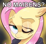 blue_eyes clothing fur hair looking_at_viewer one_eye_closed pink_hair robe sad scar solo text yellow_body yellow_fur another_pony_(artist) elden_ring friendship_is_magic fromsoftware hasbro maidenless_(meme) my_little_pony no_bitches? fluttershy_(mlp) equid equine horse mammal pony hi_res meme