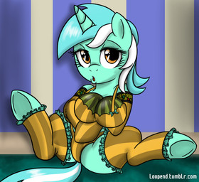 amber_eyes armwear big_breasts bra breasts busty_feral clothing elbow_gloves eyelashes fake_breasts female feral food footwear fruit fur gloves green_body green_fur green_hair hair handwear hooves horn inside legwear long_hair looking_at_viewer melon multicolored_hair open_mouth panties plant pose seductive sitting solo spread_legs spreading stockings tail text thigh_highs toeless_legwear tongue two_tone_hair underwear watermelon white_hair yellow_eyes loopend friendship_is_magic hasbro my_little_pony mythology tumblr lyra_heartstrings_(mlp) equid equine mammal mythological_creature mythological_equine unicorn url