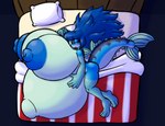 anthro bed big_breasts blue_body blue_hair blue_nipples breasts eyes_closed female fin fish_tail furniture hair huge_breasts hyper hyper_breasts hyper_pregnancy long_hair lying navel nipples non-mammal_breasts non-mammal_nipples on_side outie_navel pillow pregnant pregnant_anthro pregnant_female puffy_nipples sleeping solo sprucy mackenzie_(sprucy) fish mackerel marine scombrid scombriform