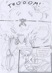 anthro black_and_white canid canine canis chair clothing comic dasyuromorph death destruction dialogue duo english_text explosion female force_field fur furniture hair jacket kitfox-crimson looking_at_another looking_at_partner looking_at_viewer looking_up lying_on_partner machine male mammal marsupial mecha monochrome multicolored_body multicolored_fur novus_(kitfox-crimson) onomatopoeia open_mouth profanity recently_extinct_species rumour_(kitfox-krimson) shirt sketch smoke sound_effects speech_bubble stolen_generation tank_top text thylacine topwear two_tone_body two_tone_fur