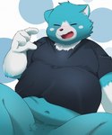 anthro belly big_belly black_nose blue_body blue_fur clothing fur humanoid_hands kemono male navel overweight overweight_male shirt sitting solo topwear white_body white_fur trail_arnak nintendo oracle_of_ages oracle_of_seasons the_legend_of_zelda moosh bear mammal 2021 hi_res