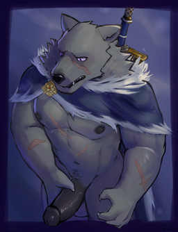 anthro cloak clothing erection genitals glans hand_on_own_penis hand_on_penis male melee_weapon muscular nipples pecs penis scar solo sword weapon thrisker elden_ring fromsoftware blaidd_(elden_ring) canid canine canis mammal wolf absurd_res hi_res