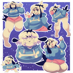 5_fingers :3 abstract_background anthro barefoot biped black_ears black_eyebrows black_nose black_tail blowing_bubble_gum blue_clothing blue_hoodie blue_topwear bone border bottomwear bubble bubble_gum candy chibi clothed clothing dark_body dark_fur dessert eyebrows eyes_closed feet female fingers floppy_ears food fur furgonomics glistening glistening_body glistening_fur gum hair hoodie inflating leaning leaning_forward multicolored_hair open_mouth outline pawpads pink_bottomwear pink_clothing pink_pawpads pink_skirt purple_background raised_leg simple_background skirt slightly_chubby slightly_chubby_anthro slightly_chubby_female smile solo standing tail tail_through_skirt tan_body tan_fur thick_thighs topwear two_tone_hair wavy_mouth white_border white_outline numiikara pepper_(fawnpawss) canid canine canis domestic_dog mammal 1:1 2022 bust_portrait digital_media_(artwork) full-length_portrait hi_res portrait shaded signature sketch_page