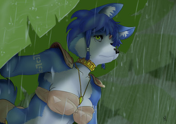 anthro armor blue_body blue_fur blue_hair bottomwear choker clothing female fur green_eyes hair jewelry leaf loincloth looking_up necklace plant raining solo nahadon nintendo star_fox krystal_(star_fox) canid canine fox mammal
