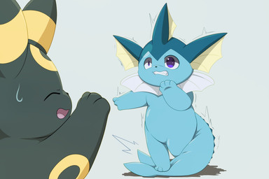 ambiguous_gender black_body black_fur clenched_teeth duo foot_on_tail fur gesture kemono semi-anthro simple_background stepping_on_tail teeth waving hirochanu nintendo pokemon eeveelution generation_1_pokemon generation_2_pokemon pokemon_(species) umbreon vaporeon 2026 3:2 hi_res