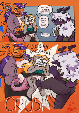 anthro antlers attack ballbusting balls_outline black_nose blue_stripes bottomwear bulge clothed clothing clothing_lift cock_and_ball_torture countershading crotch_attack crotch_kick detailed_bulge dialogue dominant dominant_female female fur genital_outline genital_torture group gynomorph hair hooves horn intersex intersex/female intersex/intersex kick kicking_balls long_hair orange_body pain panties pink_eyes purple_body purple_hair shark_tail skirt skirt_lift stripes text trio underwear whiskers white_hair filthymintycake citra_(acidicshark) rhea_(acidicshark) american_opossum aquatic deer felid feline fish hybrid lynx mammal marsupial shark virginia_opossum 2026 absurd_res comic digital_media_(artwork) english_text hi_res trans_(lore) trans_woman_(lore)