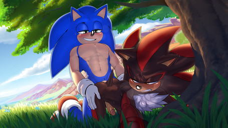 abs all_fours anal anal_penetration anthro anthro_on_anthro black_body black_fur blue_body blue_fur blush bodily_fluids clenched_teeth clothing doggystyle duo erection footwear from_behind_position fur genital_fluids genitals glans gloves green_eyes hair half-closed_eyes handwear humanoid_genitalia humanoid_penis leaking_precum looking_back male male/male male_penetrated male_penetrating male_penetrating_male muscular muscular_male narrowed_eyes nude outside outside_sex pecs penetration penile penile_penetration penis penis_in_ass plant precum precum_string sex shoes smile teeth tree krazyelf sega sonic_the_hedgehog_(series) shadow_the_hedgehog sonic_the_hedgehog eulipotyphlan hedgehog mammal digital_media_(artwork) hi_res