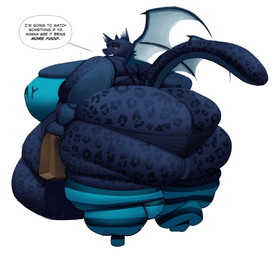 2_horns anthro belly belly_rolls big_belly big_breasts big_butt black_eyebrows black_horn black_nose blue_body blue_bra blue_clothing blue_eyes blue_fur blue_legwear blue_spots blue_tail blue_thigh_highs blue_thong blue_underwear bodily_fluids bra breasts butt clothing dialogue eyebrows eyelashes fat_arms fat_legs female female_anthro flabby_arms fur grey_inner_ear_fluff grey_membrane grey_wings holding_object horn huge_belly huge_breasts huge_butt huge_thighs inner_ear_fluff legwear lidded_eyes light looking_at_viewer markings membrane_(anatomy) membranous_wings morbidly_obese morbidly_obese_anthro morbidly_obese_female multicolored_body multicolored_fur multicolored_tail obese obese_anthro obese_female overweight overweight_anthro overweight_female pattern_clothing pattern_legwear pattern_thigh_highs red_sclera simple_background smile smiling_at_viewer solo speech_bubble spots spotted_body spotted_fur spotted_markings spotted_tail standing striped_clothing striped_legwear striped_thigh_highs stripes sweat sweaty_body sweaty_butt tail tail_markings talking_to_viewer text text_on_bra text_on_clothing text_on_underwear thick_thighs thigh_highs thong three-quarter_view tuft underwear white_background white_mouth wings comedii mythology bizz_(bizzareraccoon) dragon felid feline hybrid mammal mythological_creature mythological_scalie scalie winged_dragon 2026 absurd_res colored digital_drawing_(artwork) digital_media_(artwork) english_description english_text full-length_portrait hi_res lighting portrait shaded