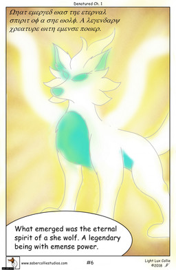 blue_body blue_eyes blue_fur comic_panel female feral fur solo text toony white_body white_fur lightluxcollie denatured_(lightluxcollie) mythology yalzeema_(lightluxcollie) canid canine canis deity mammal wolf comic greek_text hi_res url