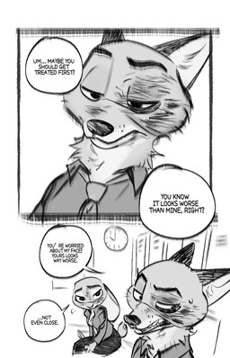 accessory anthro bench bodily_fluids bottomwear bruised bruised_eye bruised_face clock clothing collared_shirt dipstick_ears drooped_ears duo ear_markings female jacket locker male male/female markings multicolored_ears necktie pants shirt sweat sweatdrop t-shirt tail topwear disney zootopia judy_hopps nick_wilde canid canine european_rabbit fox lagomorph leporid mammal oryctolagus rabbit red_fox true_fox digital_media_(artwork) sketch