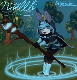 anthro blue_body blue_eyes blue_fur blue_hair boots buckteeth cloak clothing countershading detailed_background female footwear fur game_background hair magic shoes smile snowflake solo staff standing teeth delphixander megabonk noelle_(megabonk) lagomorph leporid mammal rabbit absurd_res hi_res