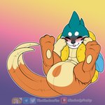 1:1 2_tails blep blush bottomwear buizel clothed clothing diaper diaper_under_clothing feet feral floatzel foot_focus footed_sleeper generation_4_pokemon lying male mammal mokata_(buizel) multi_tail mustelid nintendo on_back onesie otter pawpads paws pokemon pokemon_(species) presenting raised_paw solo tail thecluelessfox_(artist) tongue tongue_out underwear wearing_diaper