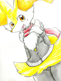 anthro biped blush bottomless breasts clothed clothed_anthro clothed_female clothing dutch_angle featureless_crotch female female_anthro front_view jacket open_mouth open_smile scarf simple_background small_breasts smile snout solo standing tongue topwear eiroru nintendo pokemon braixen canid generation_6_pokemon mammal pokemon_(species) 2024 3:4 colored colored_pencil_(artwork) graphite_(artwork) hi_res portrait shaded three-quarter_portrait traditional_media_(artwork)